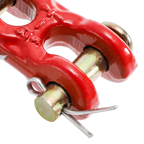 Close-up of 5/16 inch G70 zinc plated heavy duty trailer tie down twin clevis link for secure rigging.