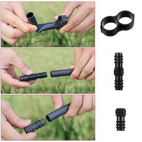 Hands showing Drip Irrigation Fittings Kit For Half Inch Tubing Includes 30 Tees 30 Couplings 20 Elbows 10 End Closures