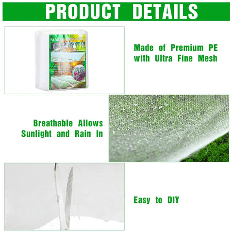 Product packaging and close-up of Ultra Fine Garden Netting 10 x 200 ft Plant Covers Keep Veggies, Fruits, and Trees Safe From Birds and Pests, Critter Shield Mesh for Greenhouses, Rows, and Patios White with breathable mesh detail.