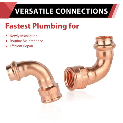 100 Pack Copper Press Elbow Fittings 3 4 X 1 2 Inch Female 90 Degree Plumbing Pipe Connector for Type M L K Tubing, showing copper connectors.