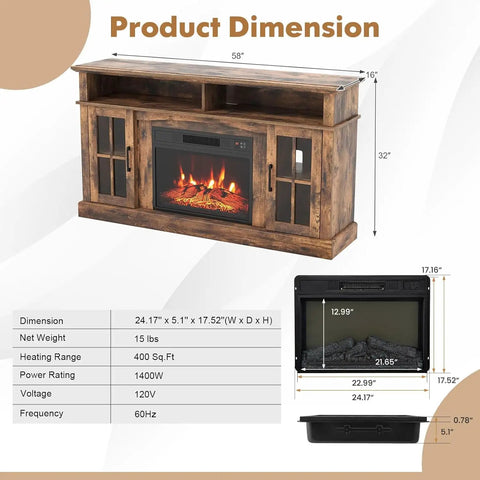 Electric Fireplace TV Stand For 65 Inch TVs With 23 Inch Insert featuring product dimensions and specifications chart