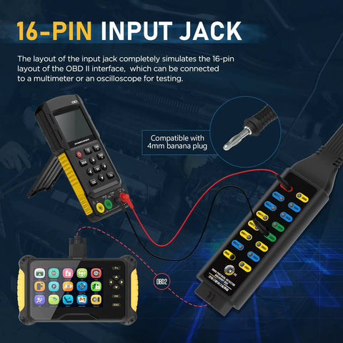 OBD2 Breakout Box for Automotive Diagnostics With OBDII Protocol Detection and CAN 16 Pin Connector showing 16-pin layout and tools.