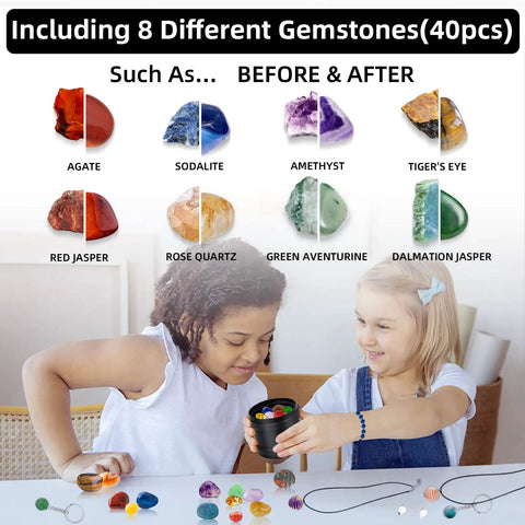 Rock Tumbler Kit With Quiet Polisher And Noise Reduction Cover Speed And Timer Control Includes Four Polishing Grits Rough Gemstones Learning Guide And A Cool Awesome Science Gift For All Ages with kids exploring polished gemstones on table