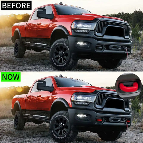 Red truck before and after RAM 2500 3500 Tow Hook Covers Red Car Tow Hitch Cover Set For 2019 To 2026 Dodge RAM 2500 3500 Not Fit 1500
