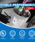 Close-up of CBB65 Dual Run Capacitor 50 Plus 5 UF 370V 440VAC in HVAC system with labeled terminals for direct replacement.
