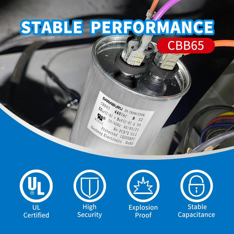 Close-up of CBB65 Dual Run Capacitor 50 Plus 5 UF 370V 440VAC in HVAC system with labeled terminals for direct replacement.