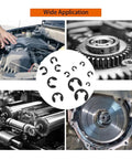 580 Piece Pro Grade 65Mn Steel E Type Retaining Rings Set for Small Shafts M1.5 to M10, Circlips for Precision Instruments, Gauges and Repair Kits, Black Finish, Heavy Duty Fixing Hardware, used in engines and machinery