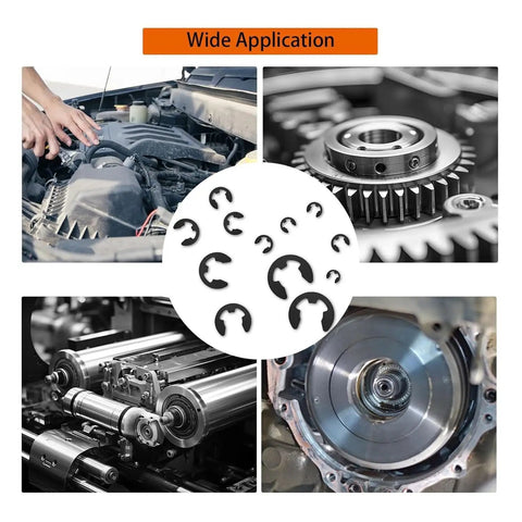 580 Piece Pro Grade 65Mn Steel E Type Retaining Rings Set for Small Shafts M1.5 to M10, Circlips for Precision Instruments, Gauges and Repair Kits, Black Finish, Heavy Duty Fixing Hardware, used in engines and machinery