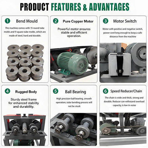 Bend Moulds and pure copper motor of Jaryannix 220V Electric Pipe Tube Bender, showcasing features for construction applications.