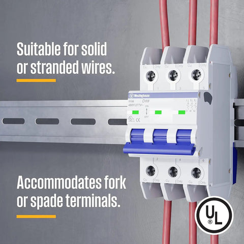 UL 489 AC Miniature Circuit Breaker 3 Amp 3 Pole C Curve For 480Y 277V AC 10kA SCCR Thermal Magnetic Trip DIN Rail Mount White
