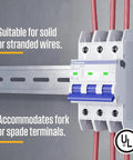 UL 489 AC Miniature Circuit Breaker 5 Amp 3 Pole D Curve 480Y 277V AC 10kA SCCR Thermal Magnetic Trip DIN Rail White WMBB3D05-1 installed
