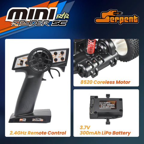 Mini Spyder One Twenty Fourth Scale Off Road RC Truck Ready To Run With Two Point Four Gigahertz Radio, remote control, motor, battery