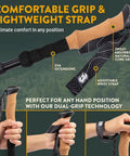 Close-up of foldable hiking poles for travel and trekking with cork grips, showing adjustable wrist strap and EVA extensions.