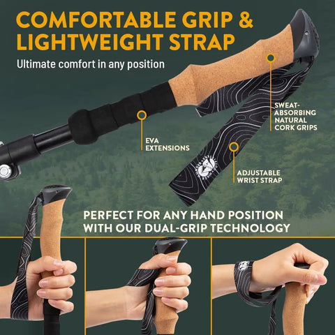 Close-up of foldable hiking poles for travel and trekking with cork grips, showing adjustable wrist strap and EVA extensions.