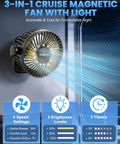 Magnetic Cruise Approved Travel Fan With 12000mAh Battery, 3 Speeds, Timer, Led Lights shown mounted with light beams