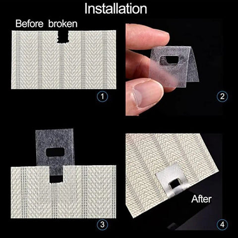 10 Pcs Vertical Blind Repair Clip Set With Clear Tabs Replacement for DIY fixes showing installation steps on fabric blinds