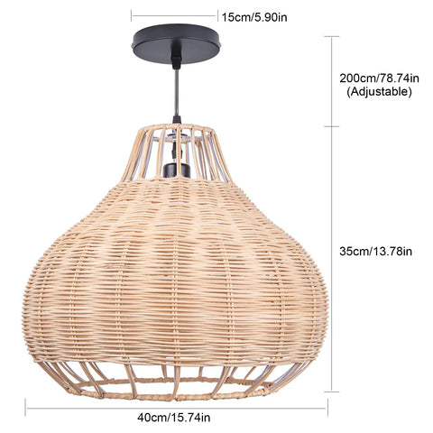 1 Light Rattan Pendant Light With Weave Pattern Natural Wicker Ceiling Fixture dimensions and adjustable cord shown