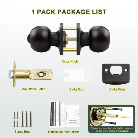 Keyless Privacy Door Knobs Oil Rubbed Bronze Vintage Round Ball Style packaging with components displayed