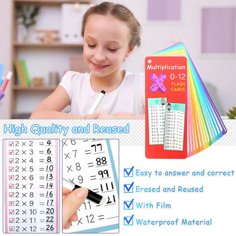 Child using Multiplication Flash Cards 0-12 Set With 15 Double Sided Cards Dry Erase Markers in classroom or home setting.