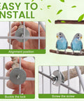 Top Notch Nine Piece Apple Wood Bird Perch Bundle With Heavy Duty Rope Ladder And Raw Bark Platform For Parrot Cage Must Haves Natural Chew Log For Crisp Beak Tuning And Thriving Claw Health installation process with metal fittings and parakeets on perches