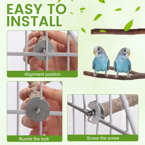 Top Notch Nine Piece Apple Wood Bird Perch Bundle With Heavy Duty Rope Ladder And Raw Bark Platform For Parrot Cage Must Haves Natural Chew Log For Crisp Beak Tuning And Thriving Claw Health installation process with metal fittings and parakeets on perches