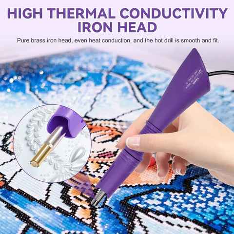Hotfix Rhinestone Setter Kit With 7 Tips And Quick Heat Wand Diamond Bowl Stand Tweezers Cleaning Brush Wax Pens And 3 Boxes Of Colorful Crystals For DIY Embellishments And Jewelry Making Purple in use on fabric
