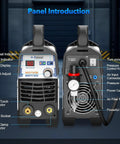 Front and rear views of 60 Amp Plasma Cutter Dual Voltage 120V 240V With Digital IGBT Inverter Touch Arc Start One Half Inch Clean Cut Five Eighths Inch Severance Upgrade RBC6000D Beast Pro Grade Performance showing controls and connections.