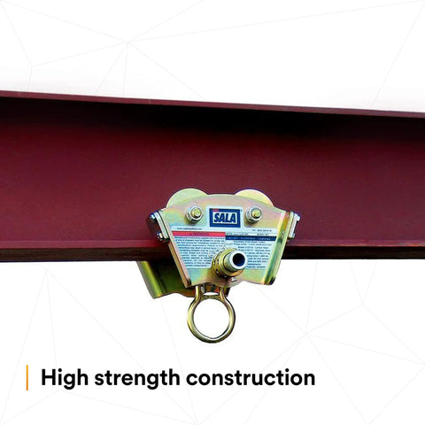 Heavy Duty I Beam Trolley For Self Retracting Lifeline Use With Fixed Rotating D Ring Mounts on I-beam flange.