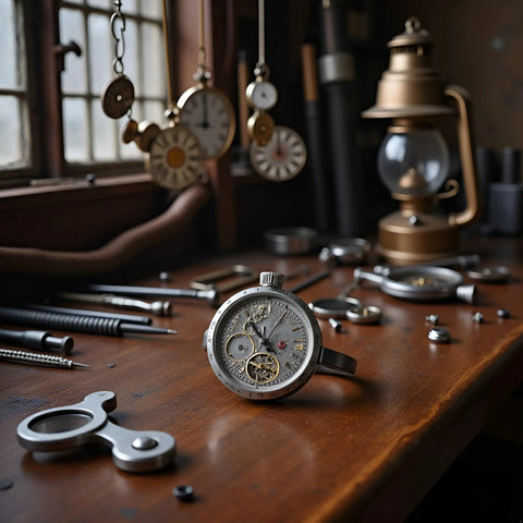 5 Piece Steel Watch Stem Crowns Kit For NH35 NH36 NH38 NH39 Movements Replacement Tools on a wooden table with watch parts