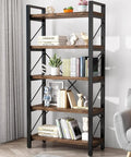 5 Tier Rustic Solid Wood Bookshelf With Industrial Metal Frame, Vintage Brown Home Office Bookcase styled with books and decor