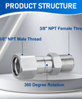 360 Degree Swivel Pressure Washer Fitting Three Eighths NPT Thread For Up To 5000 PSI Keeps Hose From Tangling No Fuss Kink Free Universal Connector For Easy Spraying And Smooth Cleaning. Stainless steel 3/8 NPT male and female threads, 360 rotation