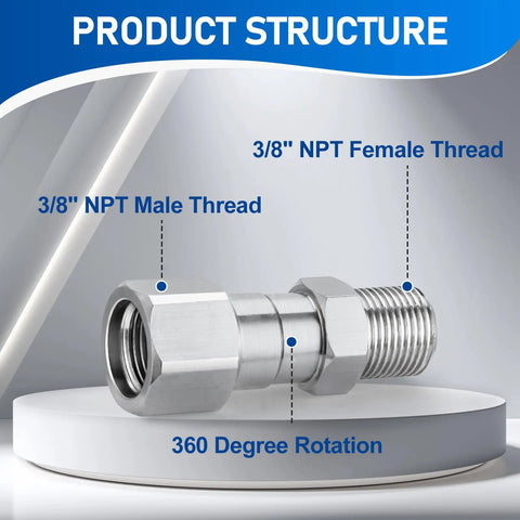 360 Degree Swivel Pressure Washer Fitting Three Eighths NPT Thread For Up To 5000 PSI Keeps Hose From Tangling No Fuss Kink Free Universal Connector For Easy Spraying And Smooth Cleaning. Stainless steel 3/8 NPT male and female threads, 360 rotation