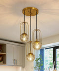 Three Light Mid Century Modern Pendant Light Fixture With Gold Finish Glass Globe And Adjustable Cage Hanging Chandelier