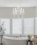 Lit White Crystal Chandelier With Six Lights in Bathroom, Sparkling K5 Drops, Glass Center Tray, Elegant Ceiling Fixture