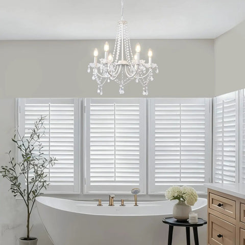 Lit White Crystal Chandelier With Six Lights in Bathroom, Sparkling K5 Drops, Glass Center Tray, Elegant Ceiling Fixture