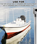 Boat Fuel Tank Pickup Tube 12 Inch Depth Universal Fit next to boat on water, highlighting compatibility with E10 E85 fuels