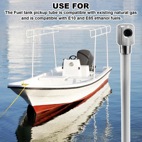 Boat Fuel Tank Pickup Tube 12 Inch Depth Universal Fit next to boat on water, highlighting compatibility with E10 E85 fuels