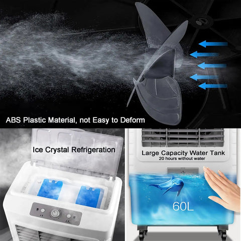 Portable Evaporative Air Conditioner With Remote And Wide Angle Oscillation Plus 3 In 1 Swamp Cooler And Humidifier Featuring 7 5 Hour Timer And Dual Cooling For Quick No Sweat Comfort Anywhere, showing ice crystal refrigeration and large water tank.