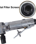 Heavy Duty Air Die Grinder With 1/4 Inch Hex Shank And 90 Degree Angled Head showing metal filter screen and operation lever.
