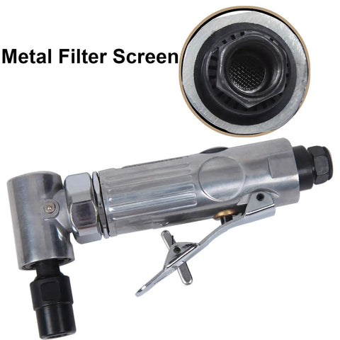Heavy Duty Air Die Grinder With 1/4 Inch Hex Shank And 90 Degree Angled Head showing metal filter screen and operation lever.
