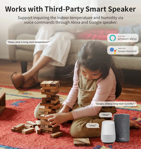 Child playing with blocks, smart speakers for 4 Pack WiFi Temperature Humidity Sensor For Home And Greenhouse with App Alerts nearby.