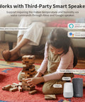 Child playing with blocks, displaying 2 Pack WiFi Temperature Humidity Sensor with Alexa and Google smart speakers nearby.