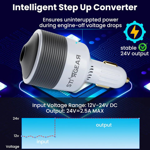 Starlink Mini Car Adapter 12V To 24V DC Step Up Converter With 60W Cigarette Lighter Power Boost Stable 24V Output For Starlink Mini plug-and-play 12V-24V charger, car cigarette lighter adapter with voltage chart