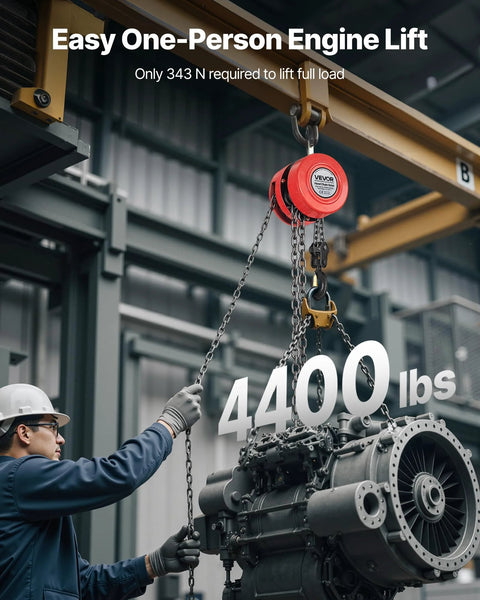 Front view of red VEVOR hand chain hoist (2 ton) with galvanized chain lifting a large industrial motor