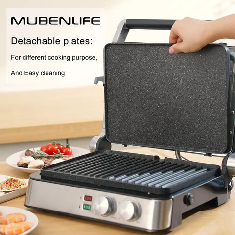 4 Slice Panini Press Contact Grill With Removable Non Stick Coated Plates, showing detachable plates and grill surface in kitchen setting.
