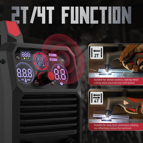 All In One 65 Amp Plasma Cutter Dual Voltage 110V 220V Non HF Non Touch Pilot Arc Plate Cutting Grid Cutting Gouging Marking 4 In 1 Multifunction Metalworking Tool For Home Shop Pros showing control settings and functions.