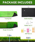 Pro-Grade Indoor Outdoor Golf Practice Mat For Chipping And Swing Path Training with accessories, shown with detailed measurements.