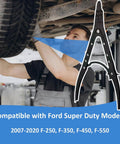 Heavy Duty 12 Inch Spindle Snap Ring Pliers With Ratchet Locking For Ford F Series 2007 Through 2020 Super Duty 4x4 Pickups Internal And External Snap Ring Pliers Pro Grade Maintenance Tool shown with mechanic under truck.