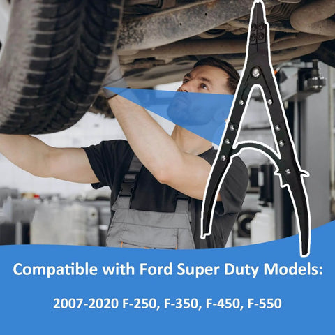 Heavy Duty 12 Inch Spindle Snap Ring Pliers With Ratchet Locking For Ford F Series 2007 Through 2020 Super Duty 4x4 Pickups Internal And External Snap Ring Pliers Pro Grade Maintenance Tool shown with mechanic under truck.