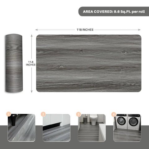 Real Wood Look Vinyl Floor Roll Featuring Dead Simple Peel And Stick Setup 11.8 inches wide realistic grey wood grain